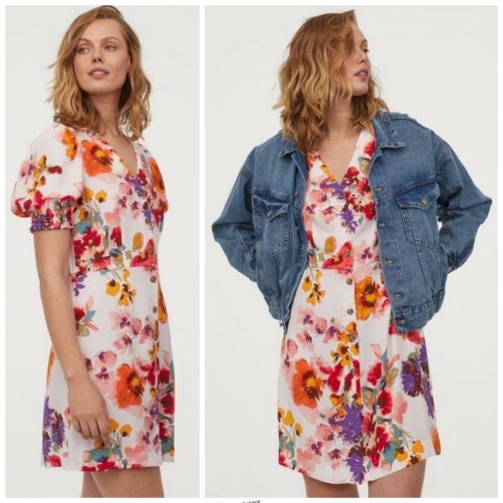 H&M Floral Button-Front V-Neck Dress in White with Orange & Purple Floral